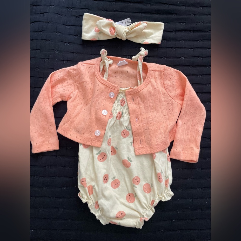 Girls Peach Knit Cardigan & Peach-Print Romper Set with Headband